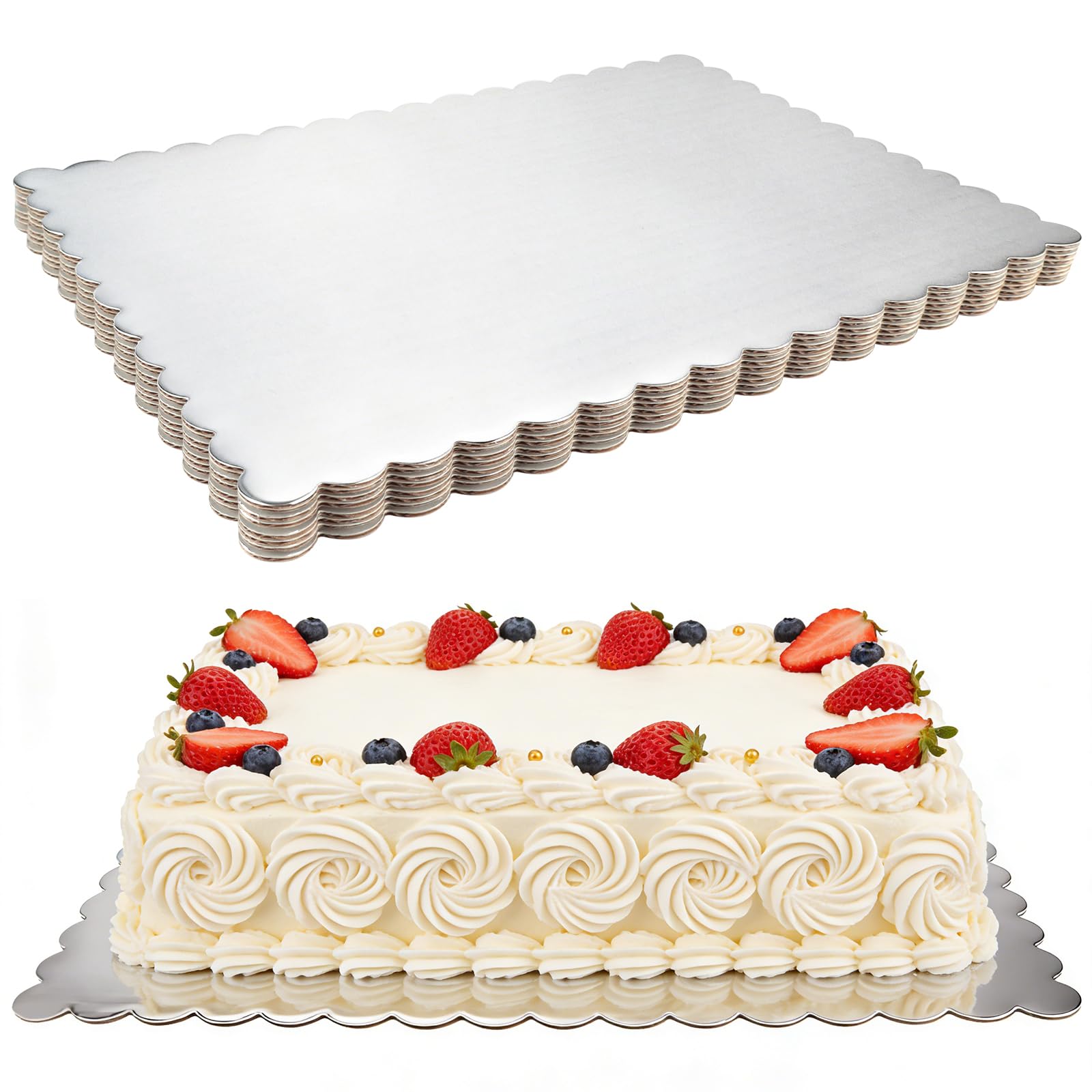 Photo 1 of Cmkura 8 Pack 14 x 10 Inch Greaseproof Rectangle Cake Boards, Silver Cardboard Cake Board Disposable Corrugated Dessert Food Cupcake Pizza Base for Wedding Birthday Party Mother's Day