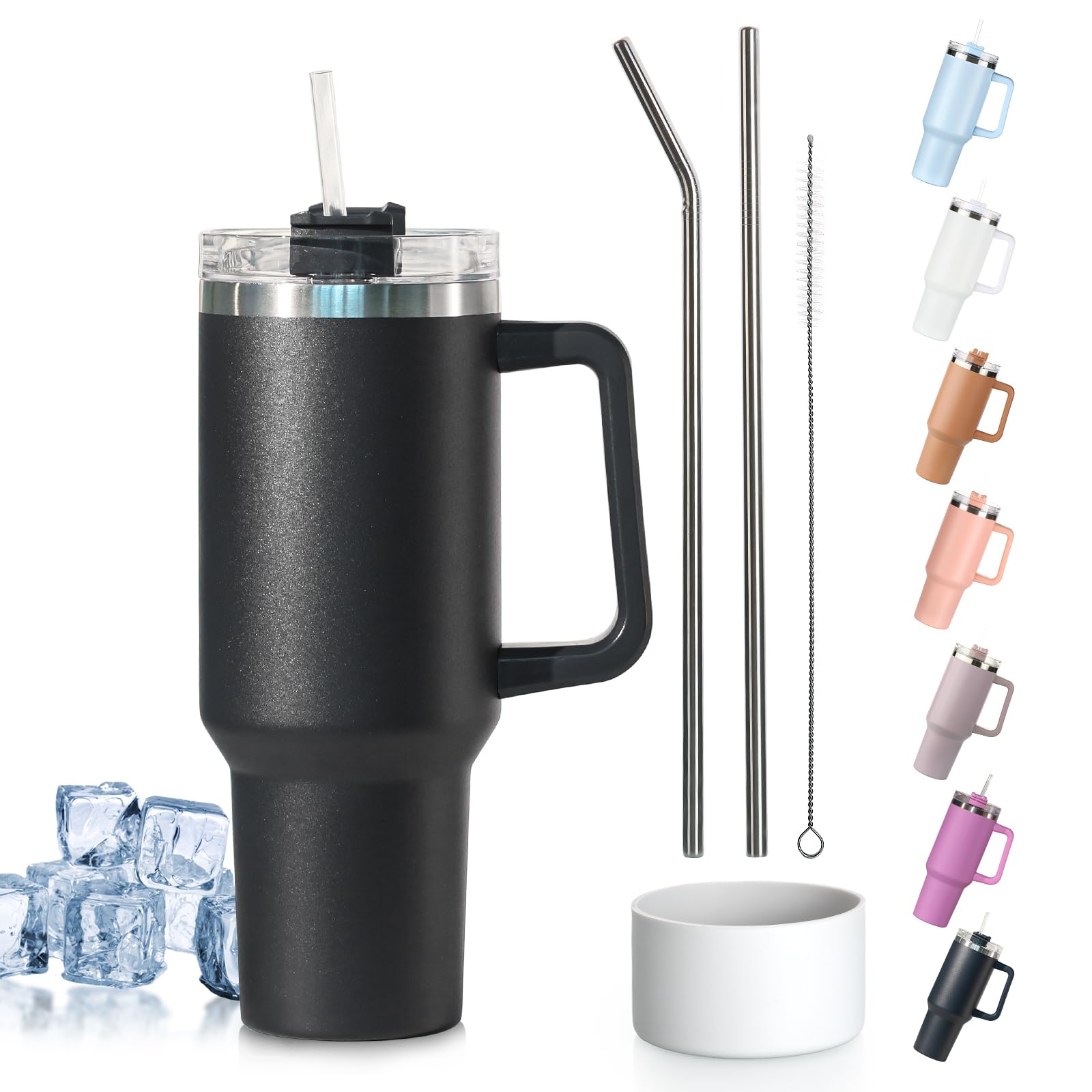 Tuocal 40oz Tumbler with Straw Lid and Handle + 2 Stainless Steel Straws + Silicone Boot, 1180 ml Double Wall Vacuum Insulated Cup, Car Coffee Mug, Travel Water Bottle for Hot Iced Coffee, Black