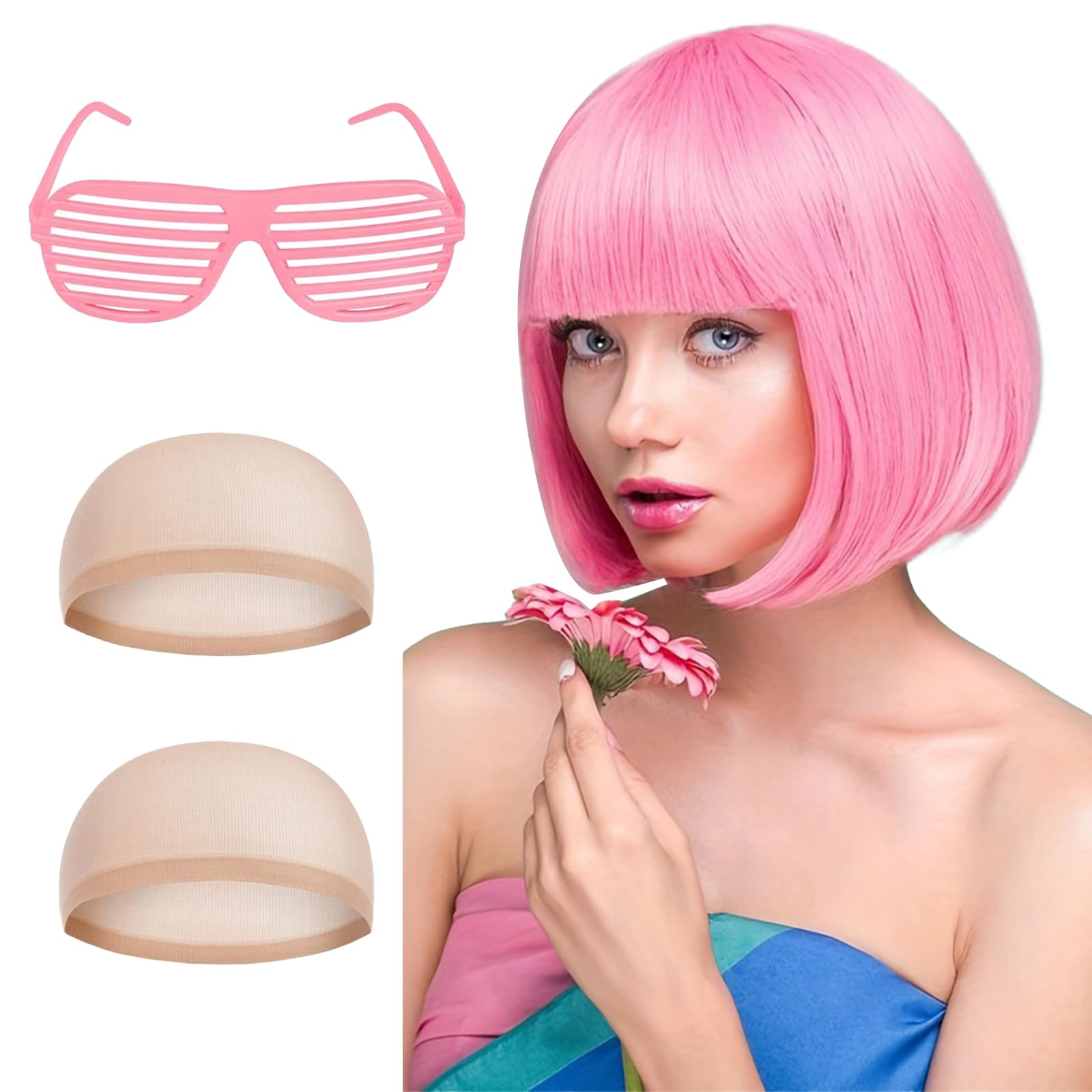 TYXHXTF Pink Bob Wig and Sunglass Set with 2 Wig Cap, Pink Cosplay Wigs for Women, for Daily Neon Party Favors