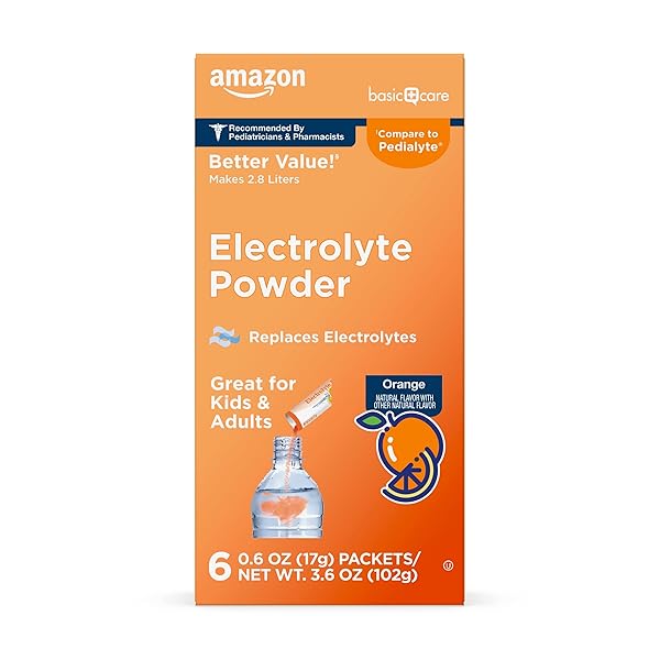AMAZON BASIC CARE ELECTROLYTE POWDER PACKETS FOR KIDS & ADULTS, ORANGE FLAVOR, 6 COUNT (PACK OF 1)