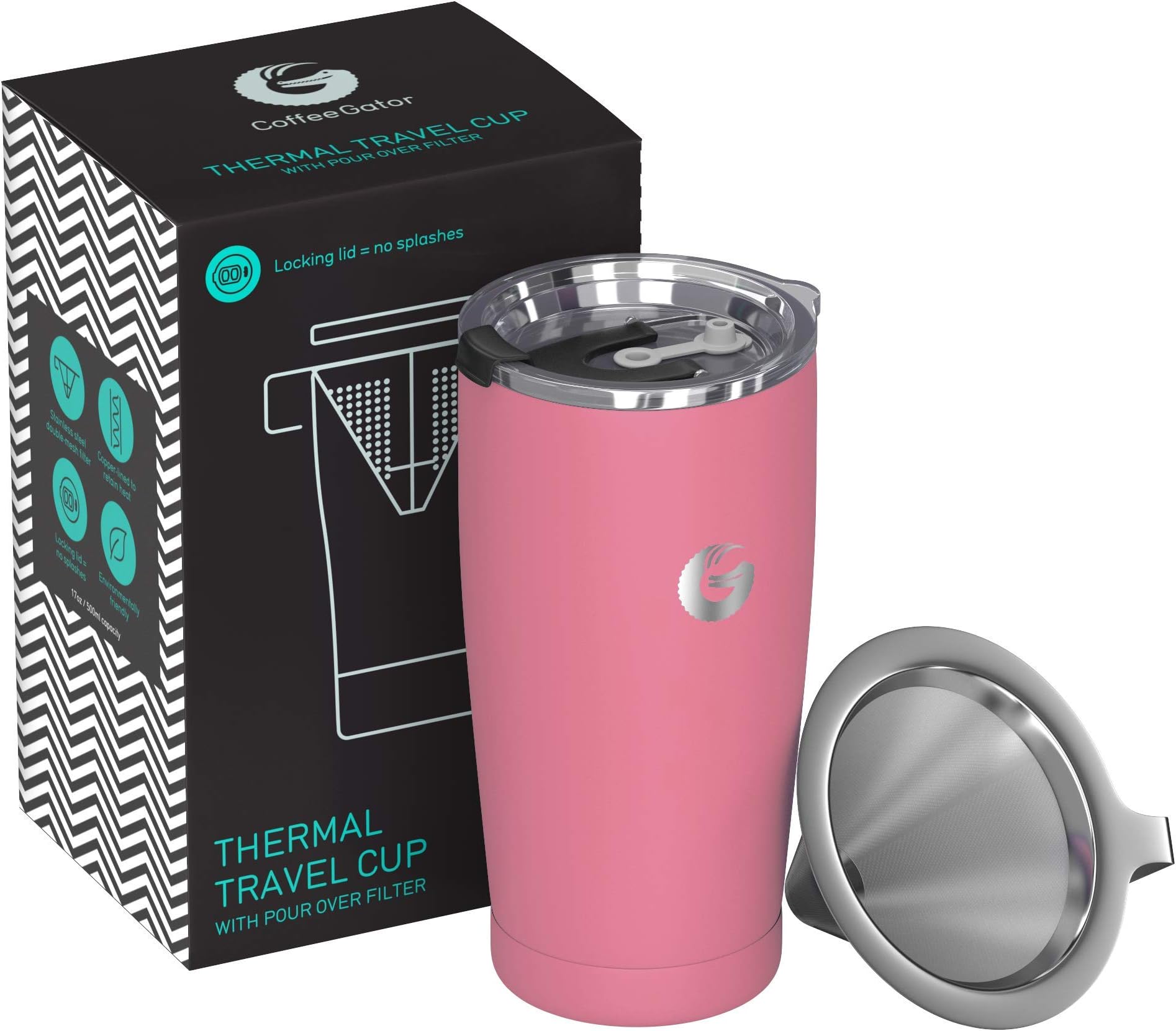 Coffee Gator Pour Over Brewer Mug - All-in-One Thermal Travel Cup and Hand Drip Coffee Maker - Vacuum Insulated Stainless Steel with Paperless Filter - 585ml - Pink
