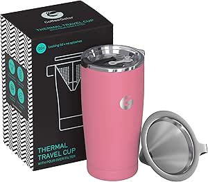 Pour Over Coffee Travel Mug - Coffee Gator all-in-one Travel Coffee Maker and Thermal Cup - Vacuum Insulated Stainless Steel Cup with Paperless Filter Dripper - 20oz - Pink