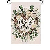 Artofy Mr. and Mrs. Just Married Small Decorative Garden Flag, Romantic Wedding Love Heart Flowers Wreath Yard Lawn Outside Decor, Engagement Anniversary Outdoor Home Decoration Double Sided 12 x 18