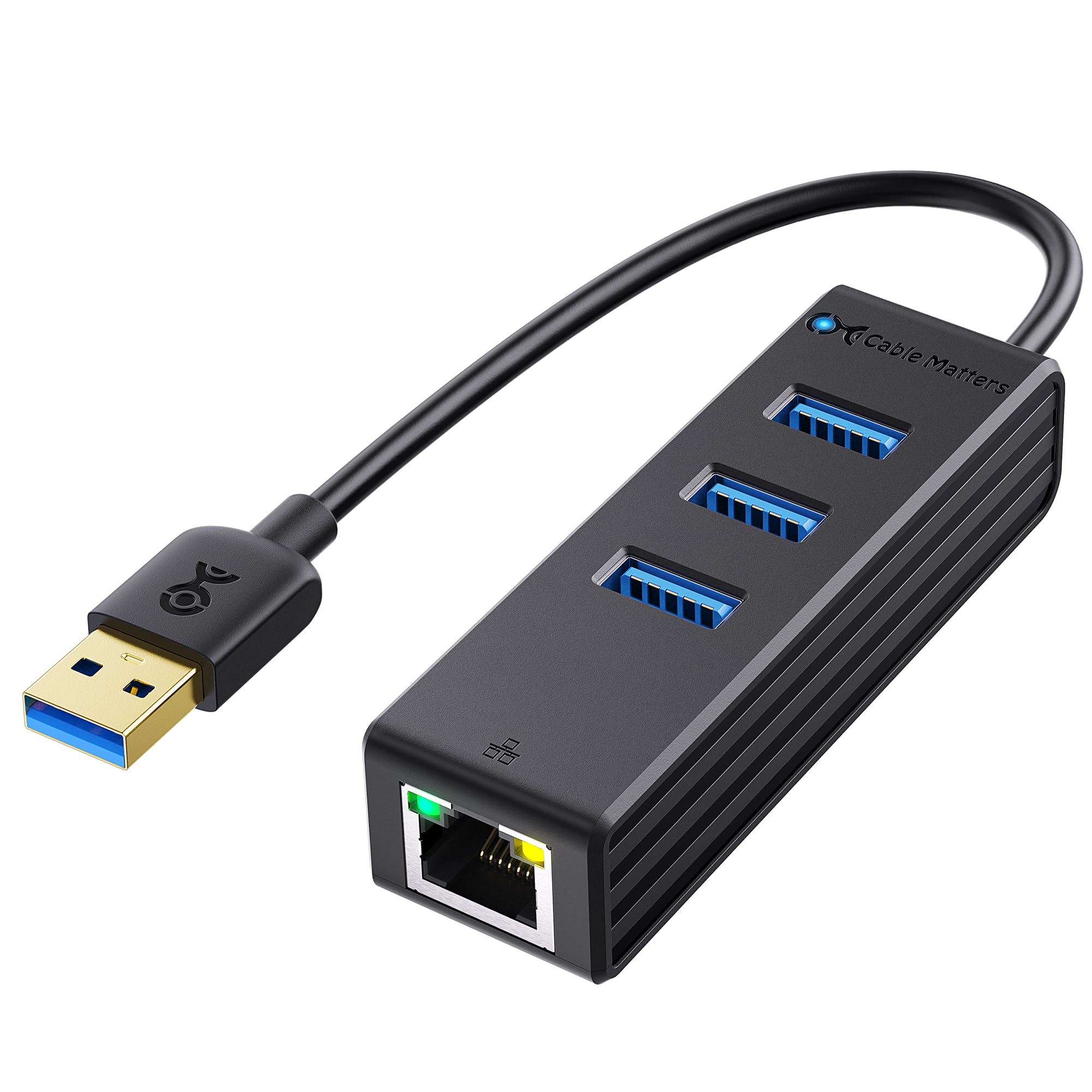 Cable Matters 3 Port USB 3.0 Hub with Ethernet (USB Hub with Ethernet, Gigabit Ethernet USB Hub) Supporting 10/100/1000 Mbps Ethernet Network in Black