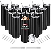 YOUKE OLA 16 Pack Stainless Steel Skinny Tumblers Straight Double Wall Insulated Tumbler Bulk with Lid and Straw for, DIY Gift, 20oz Black