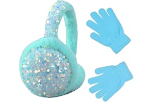 HYHFM Winter Ear Muffs Gloves Set for Kids with Adjustable Sequins Shiny Fluffy Warm Earmuffs for Kids Outdoor Cold Weather