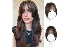 EINAEY Clip in Bangs, 100% Real Human Hair Dark Brown Fake Bangs Clip in Hair Extensions French Bangs Fringe with Temples Hairpieces for Women Curved Curtain Bangs for Daily Wear