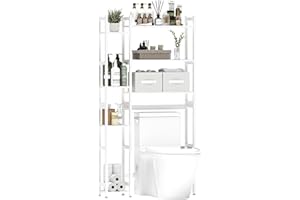 MOGELAFOO Over The Toilet Storage with 7 Shelves and 2 Drawers, Freestanding Bamboo Bathroom Organizer with Adjustable Shelf, Space-Saving Storage Rack for Laundry Room, Restroom, White