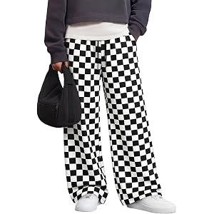 Custoneei Girls Checkered Pants Baggy Sweatpants | Straight Wide Leg Trousers, Drawstring Elastic Waist, Checkerboard Pattern