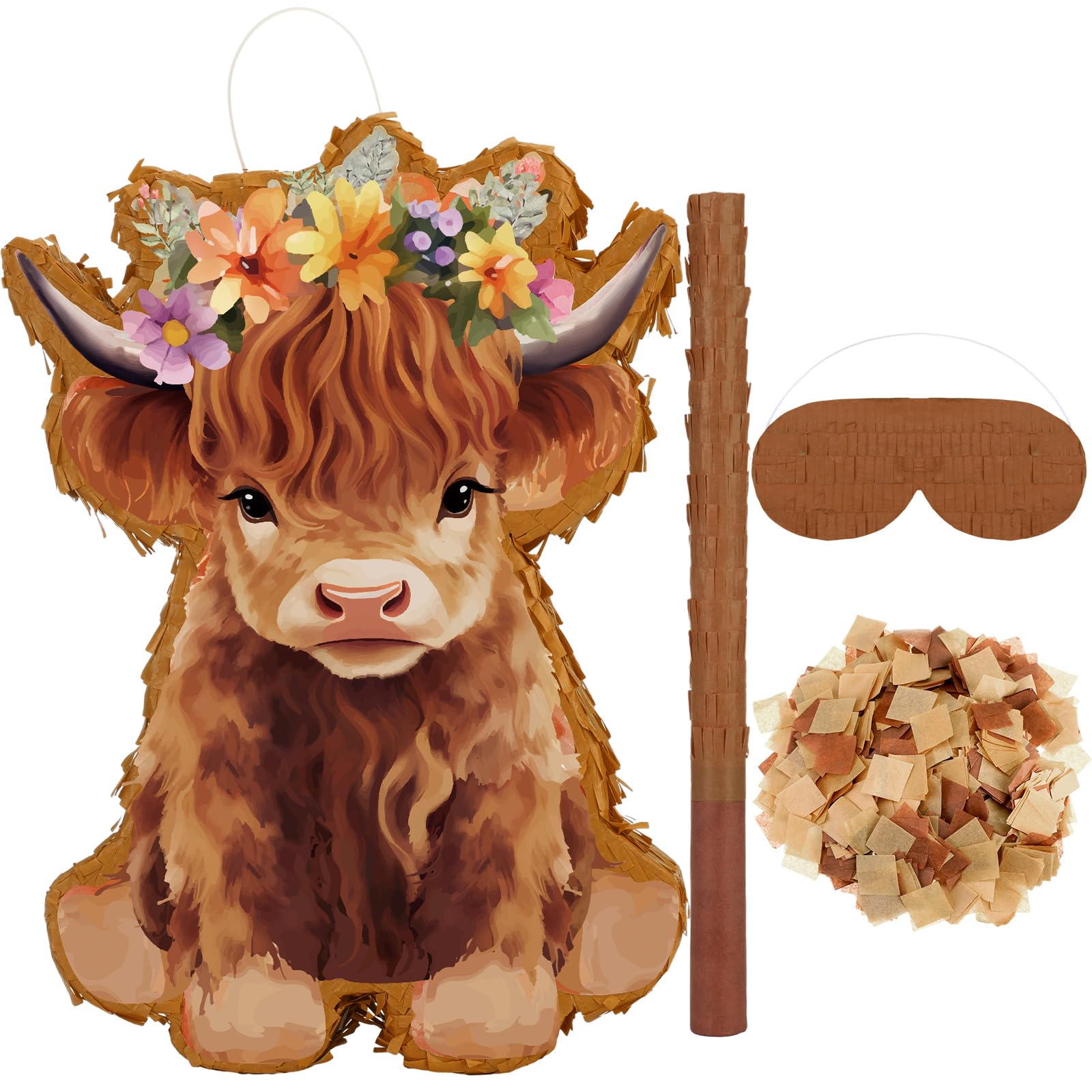 Photo 1 of **MISSING PIECES** Shappy 4 Pcs Cow Piñata Highland Cow Birthday Decorations Piñata Themed Party Supplies with Blindfold Stick Confetti Farm Supplies for Theme Birthday Party Girls Boys Kids 15.75 x 11.22 Inch(Brown)