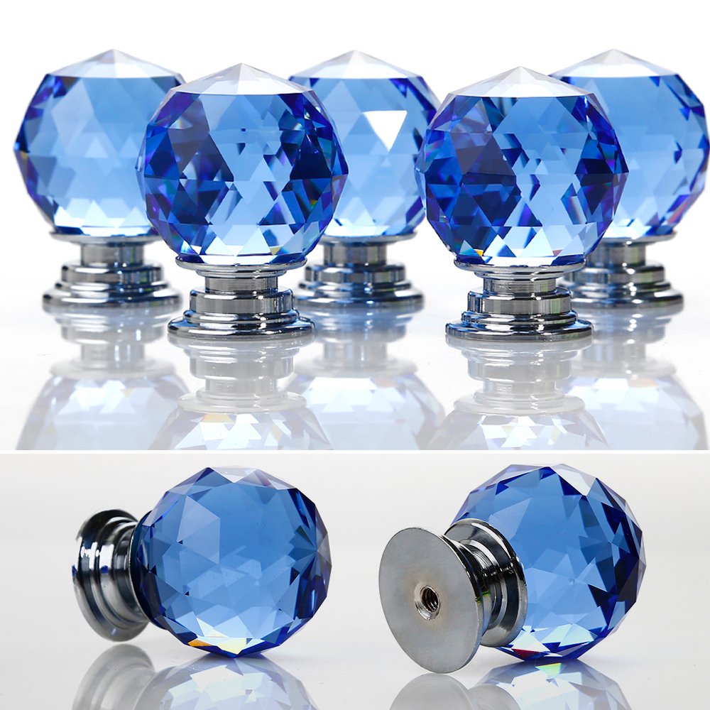 Crystal Door Knobs, 5 X 30MM Crystal Glass Diamond Cut Door Knobs Kitchen Cabinet Drawer Knobs with Screw for Home Decorating, Blue