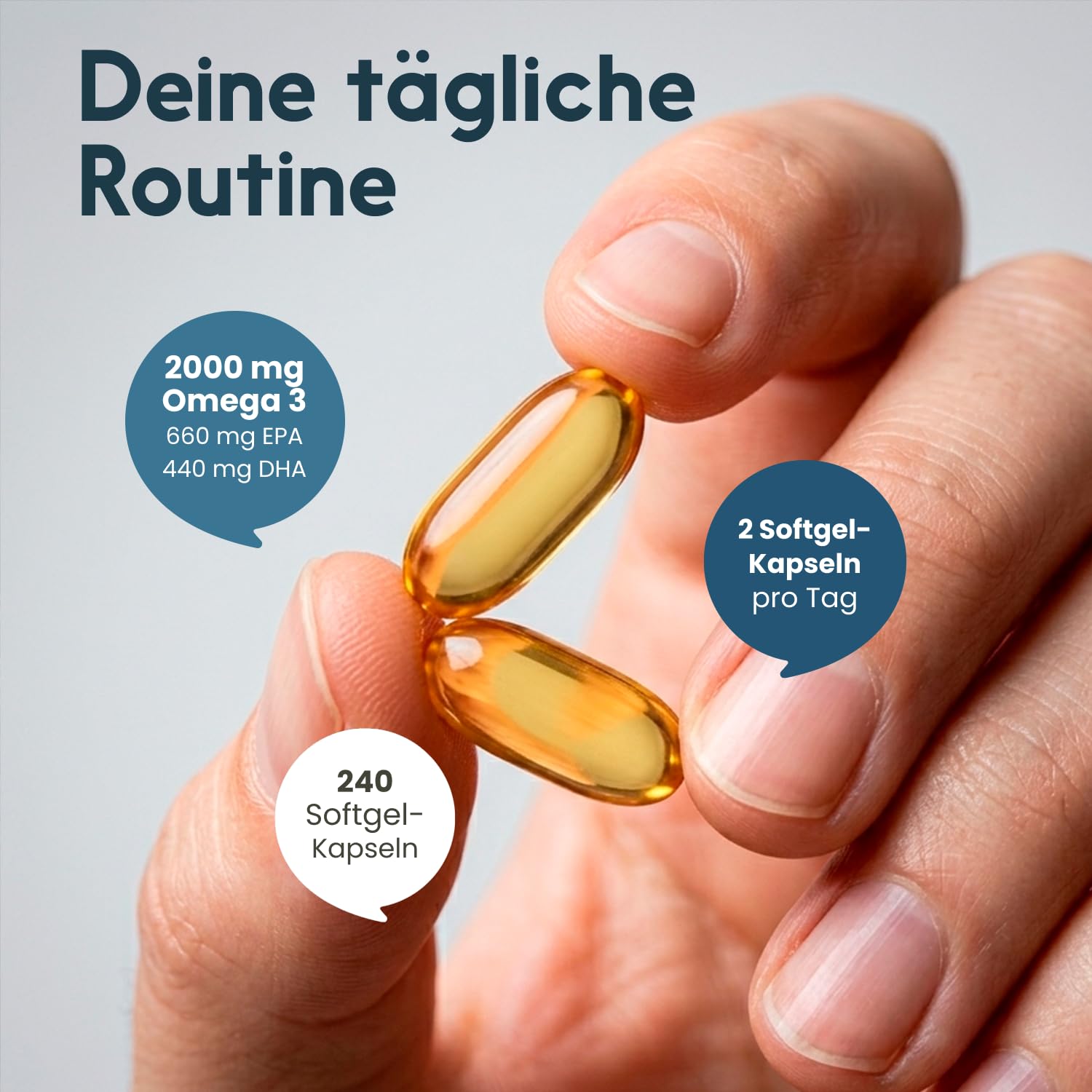 Omega 3 Kapseln hochdosiert 2000mg Fischöl - 240 Softgel-Kapseln - davon 660 mg EPA und 440 mg DHA - Unterstützt die Gesundheit von Herz, Gehirn und Augen* - Produziert in Deutschland 3