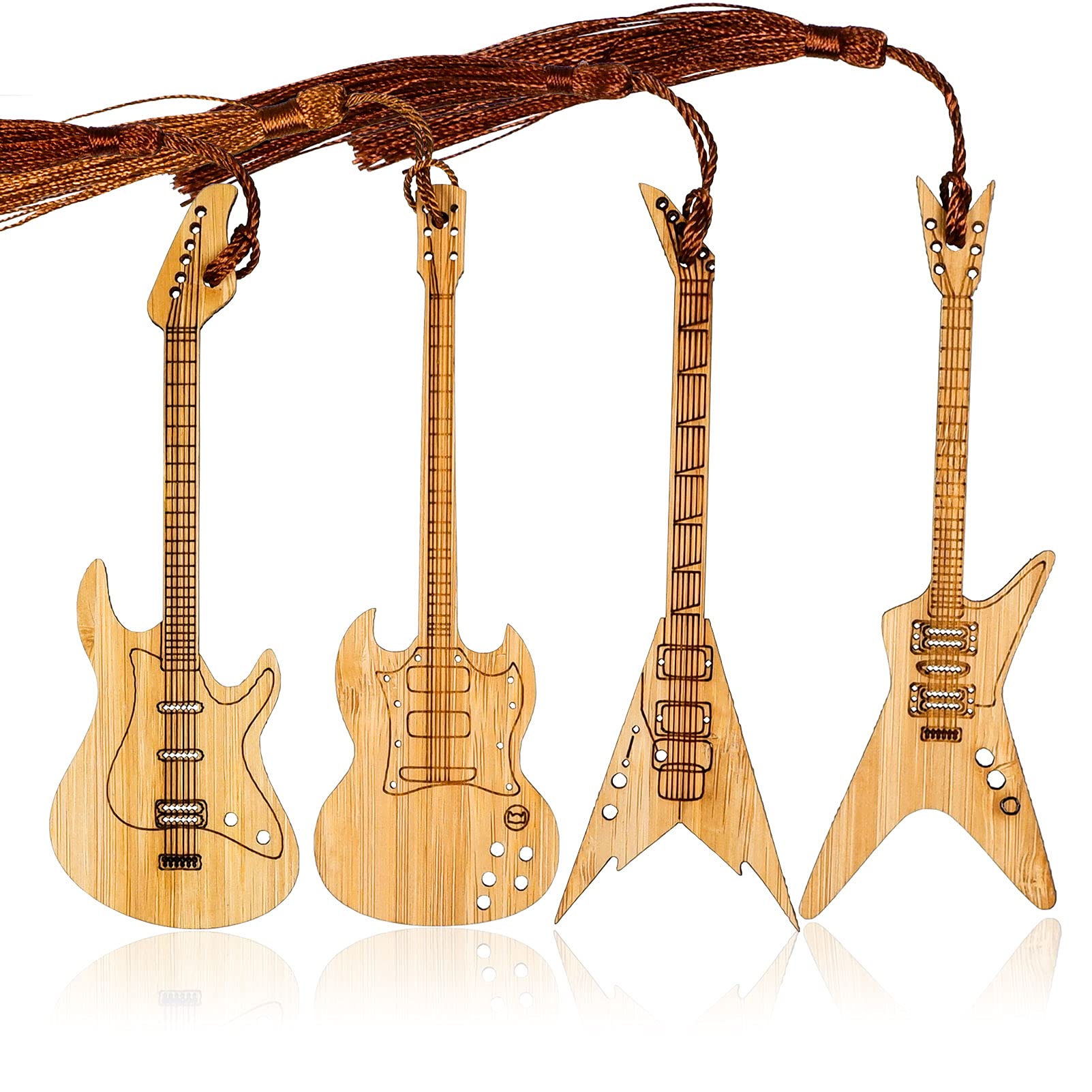 wocoxo Handmade Natural Bamboo Bookmarks with Tassels, Unique Vintage Style Reading Page Markers Bookmarks - 4Pcs (Guitar Style)