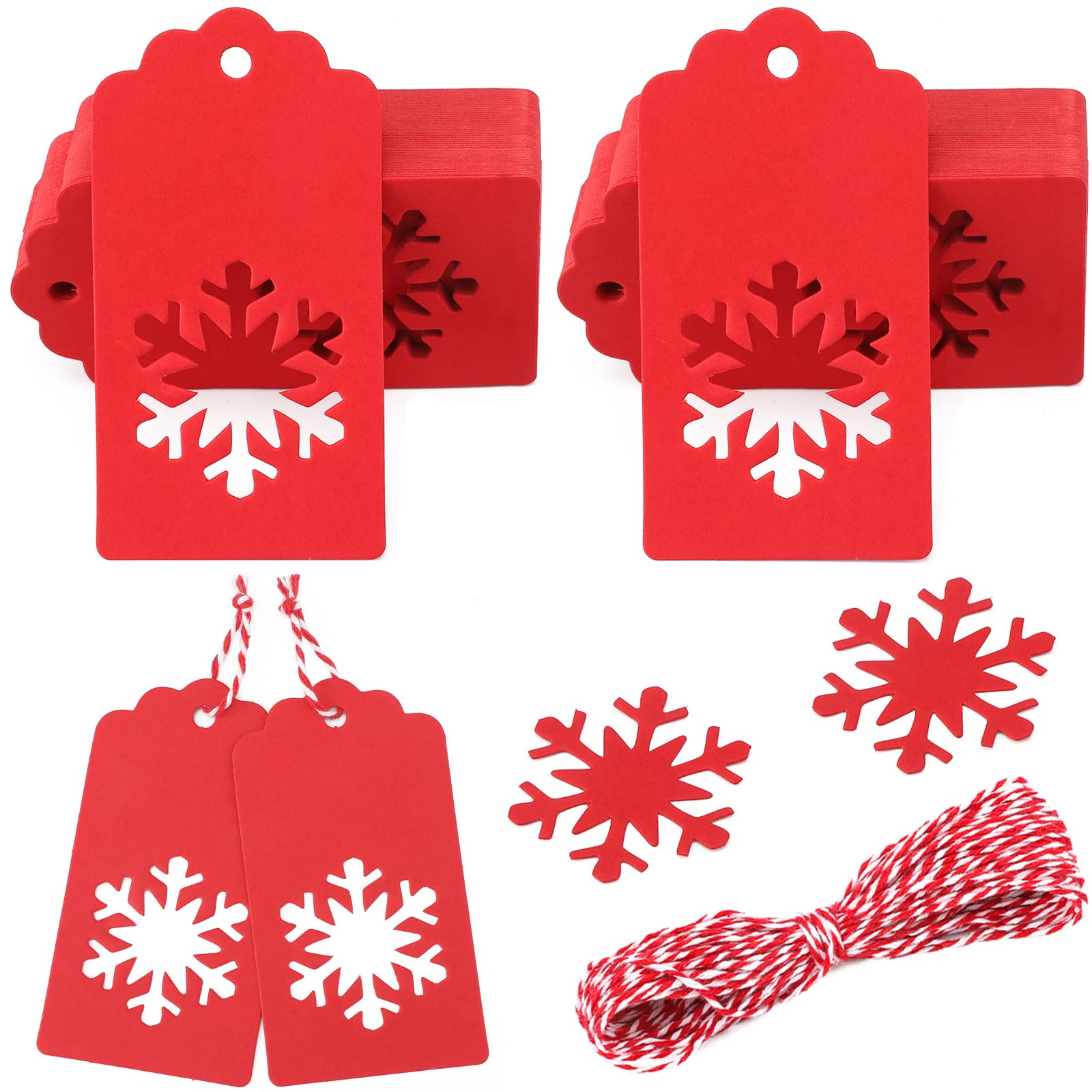 G2PLUS Large Christmas Tags: 5 x 10 cm Red Xmas Labels for Presents, Snowflake Kraft Paper Tags with String for Gift Wrapping Decorating,100 pcs