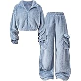 RoseSeek Girl's 2 Piece Outfits Zip Up Cropped Sweatshirts and Cargo Pants Fuzzy Winter Clothing Sets