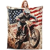 Vintage Dirt Bike Blanket Gifts for Women Men Adults, American Flag Motorcycle Themed Throw Blankets, Soft Cozy Lightweight Dirt Bike Plush Throws for Living Room Sofa Couch Home Decor 50x60in