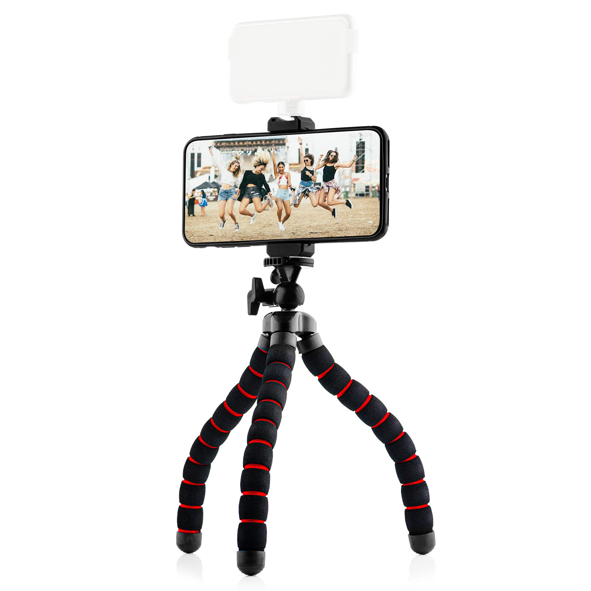MOJOGEAR Flexible tripod with foam rubber legs — Suitable for Smartphone/Compact camera/Action cam — Up to 26 cm high — With tripod holder for smartphones up to 9.5 cm wide — Black/Red