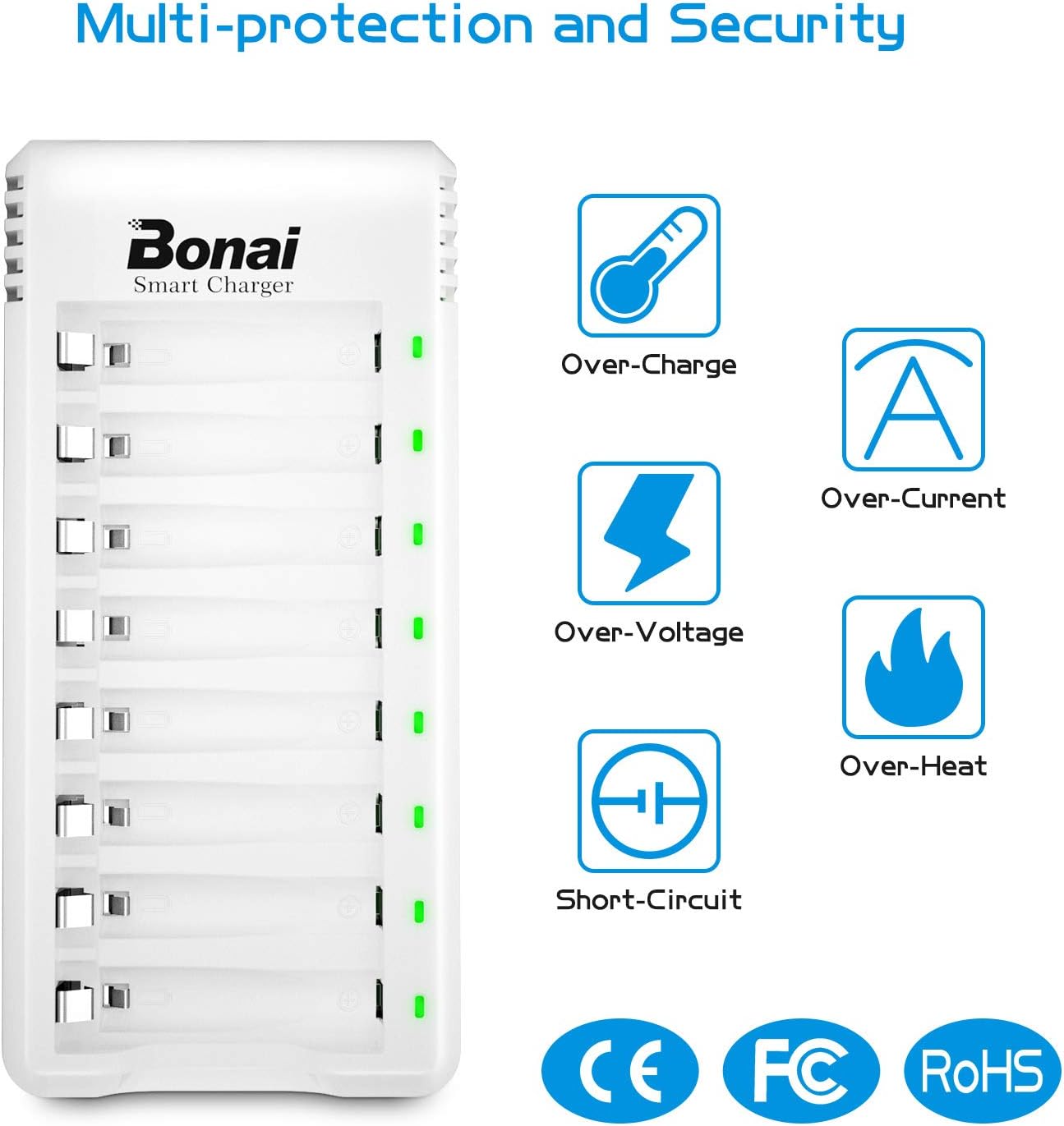 BONAI Universal Battery Charger 8 Slots, with 4 AA 2800mAh and 4 AAA 1100mAh Ni-MH Rechargeable Batteries, USB 8 Slots Quick Charger - Image 4
