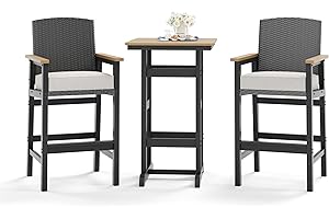 HERA'S HOUSE HDPE Outdoor Bar Set of 3, 2 Bar Stools with Wicker Backrest and Comfy Thick Cushion, 42” All Weather Outdoor Bar Table with Cut-Out Legs, Patio Bar Table and Chairs Set