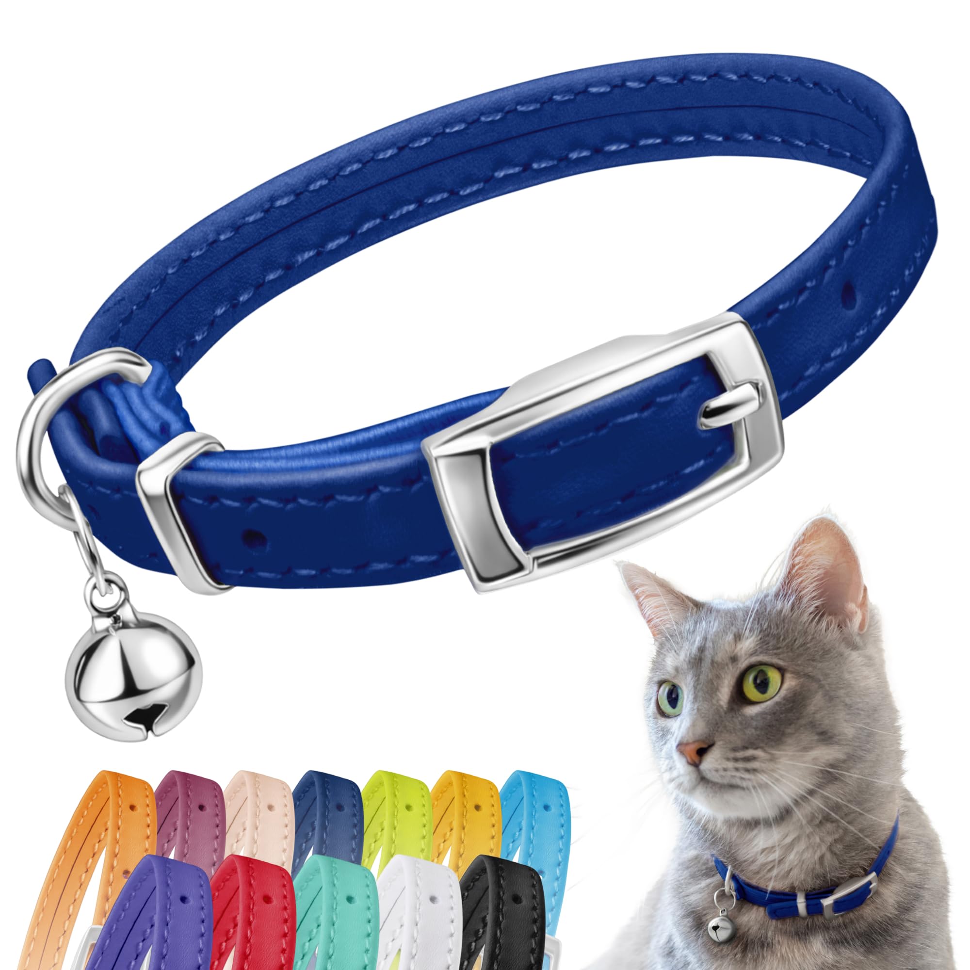 CollarDirect Leather Cat Collar, Cat Safety Collar with Elastic Strap, Kitten Collar for Cat with Bell Black Blue Red Orange Lime Green (Neck Fit 6"-7", Navy Blue) — image 1