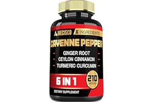 MECISCO 6in1 Cayenne Pepper Extract Capsules with Organic Turmeric Curcumin Root, Black Pepper, and More - Support Digestion System, Heart Health, Immunity Function - 210 Capsules