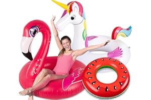 90SHINE 3PCS Pool Floats Adult Set - Unicorn + Flamingo + Watermelon Inflatable Beach Floaties Swimming Ring Toys for Adults, Kids 8-12,Teenager Water Party Supplies