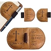 Magnetic Leather Bookmark with Pen Holder - Inspirational Bible Verse Scripture Design, Book Marker for Book Lovers Men Women (Brown-1 John 4:19)