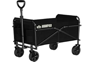 Highpro Collapsible Wagon Carts Foldable, Heavy Duty Beach Folding Wagon Cart with Wheels, Portable Grocery Garden Cart for Outdoor, Sports, Shopping, Camping, Black