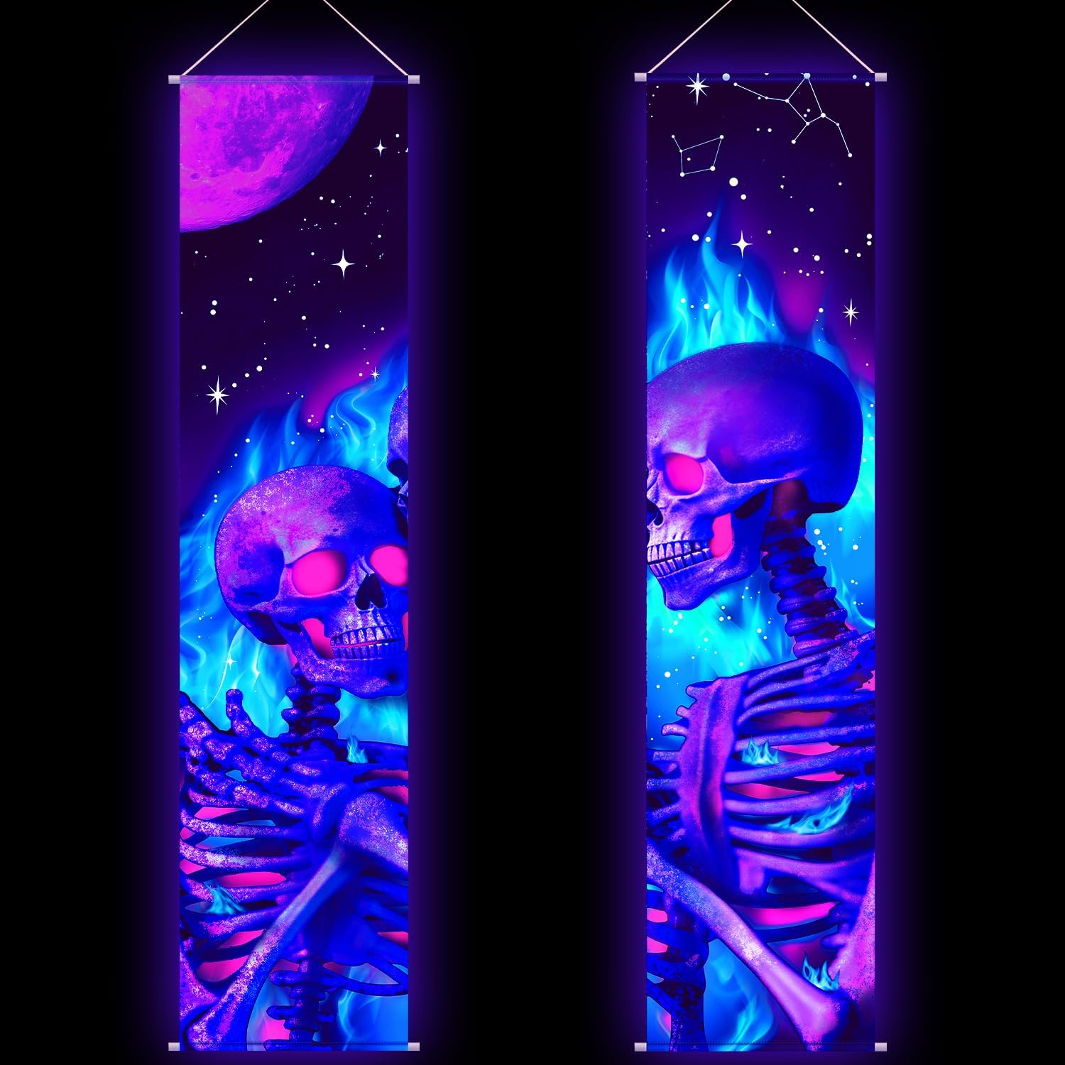 Tapestries - Tiamon 2 Pieces Black Light Art Wall Decor Trippy Blacklight Tapestry UV Reactive Tapestry Poster Banner Aesthetic Room Hanging Backdrop for Hippie Bedroom Home Decoration (Skull)