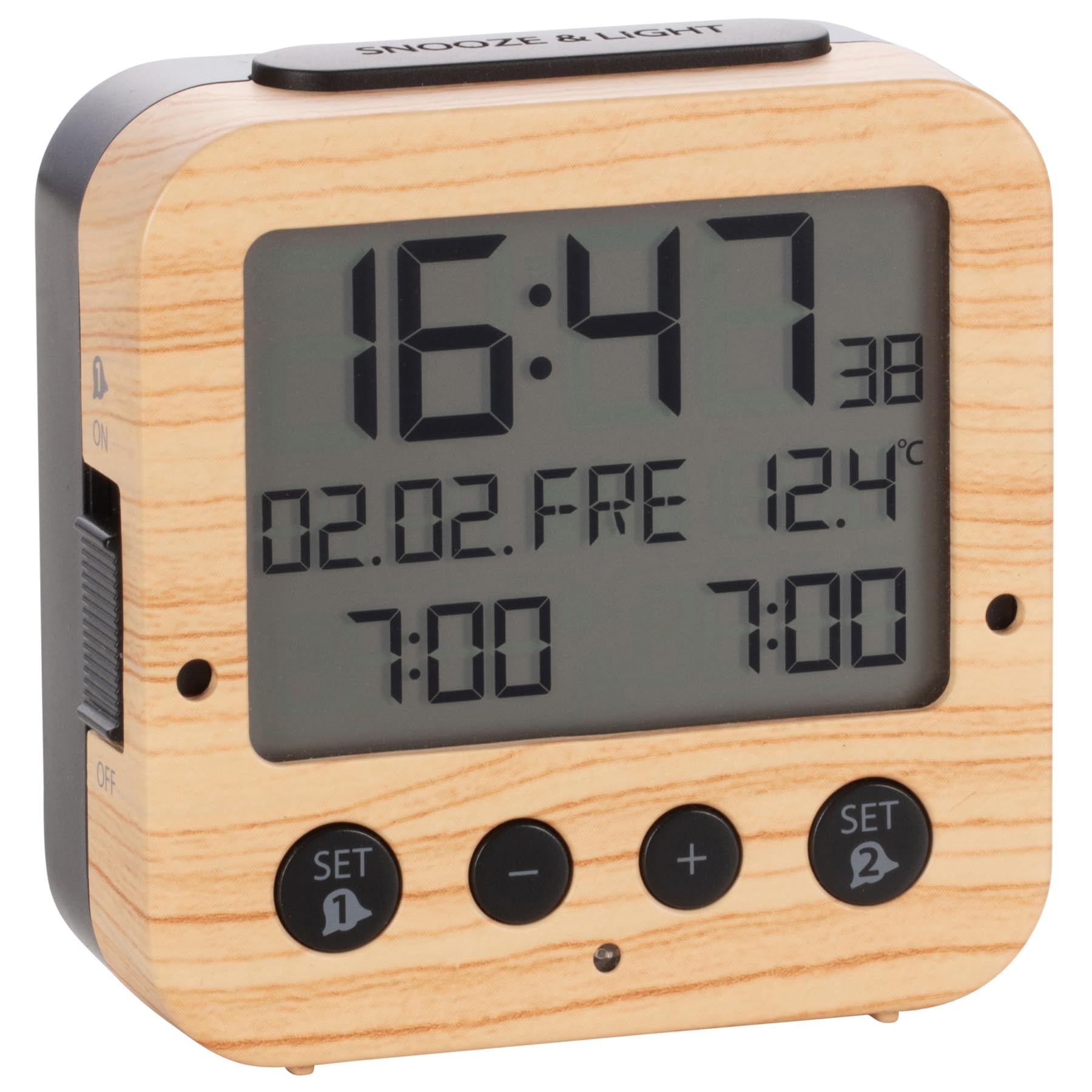 TFA Dostmann Bingo 60.2528 Radio-Controlled Alarm Clock with Automatic Backlight, Date, Temperature Display and Two Alarm Times, L 81 x W 33 x H 81 mm — image 1