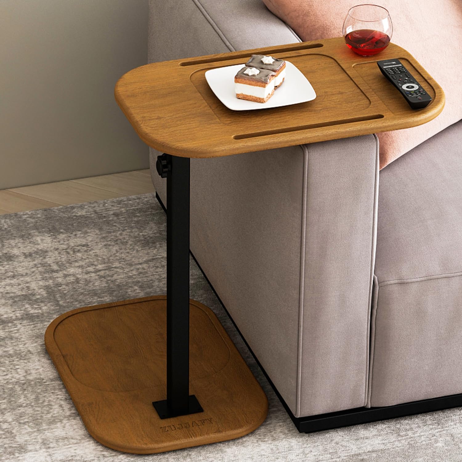 Photo 1 of ZUJJAFY Wood C Shaped End Table for Couch Arm, Small Sofa Side Table with Adjustable Height for Small Spaces, Swivel TV Tray Table with Phone & Tablet Slots