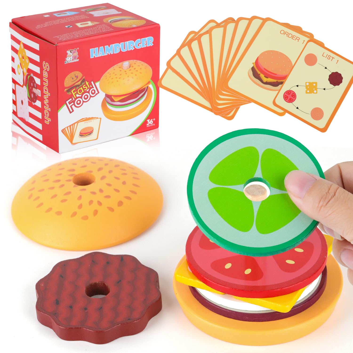 ZDNT Wooden Burger Stacking Toy,Montessori Hamburger Stack Toy,Wooden Stacking Puzzle Toys,Kids Stack Toy,Stack Burger,Hamburger kitchen food play set,Educational toy Gift for Boy Girls 3 + Years