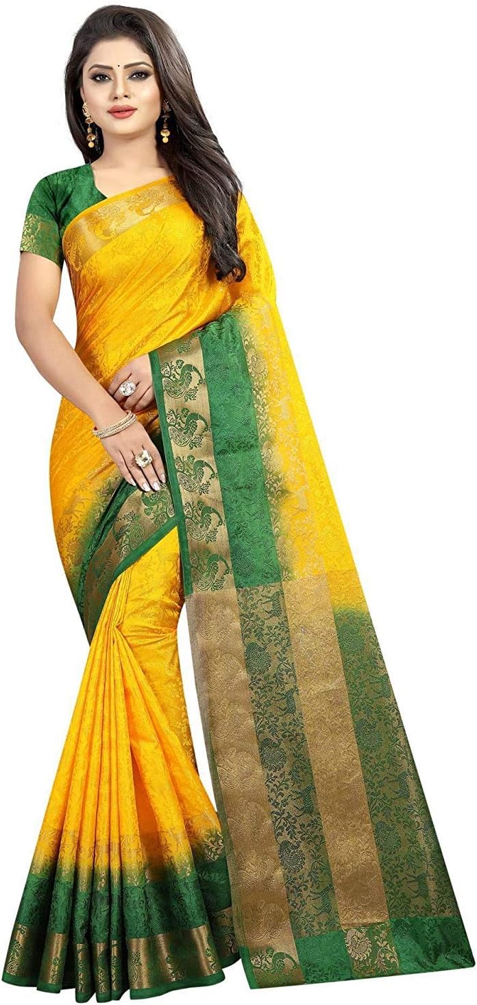Nirja Creation Women Emboss Silk Banarasi Saree Yellow Green