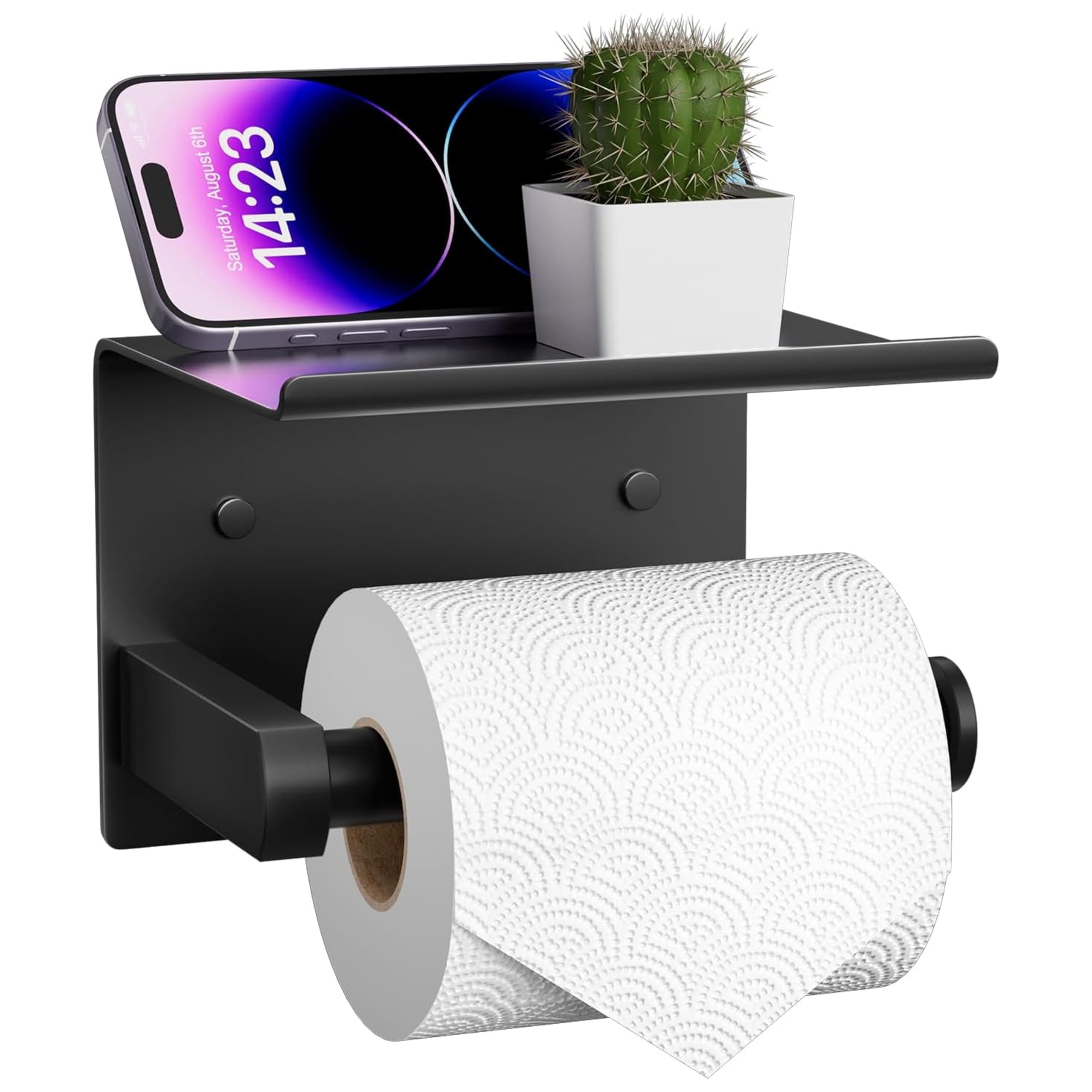 ARSUK Toilet Roll Holder – Stick or Drill Toilet Roll Storage Wall Mounted – Self Adhesive Chrome with Shelf – Toilet Paper Stainless Steel Loo Holder for Bathroom, Washroom, Kitchen In Black