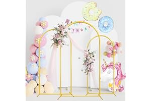 RAFOFO Metal Arch Backdrop Stands with Arch Covers, 4ft,5ft,6ft Gold Wedding Arch Frame Arch Backdrop Stand with White Spandex Fitted Arch Backdrop Covers and Banner/Confetti for Wedding Birthday