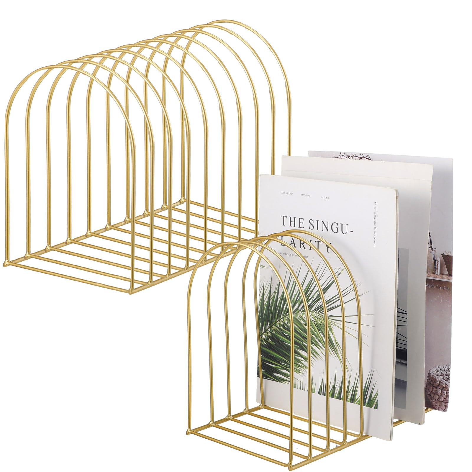 Photo 1 of Kosiz 2 Sets Wire File Organizer for Desk 9 Slots Metal File Holder Magazine Folder Mail Desktop Sorter Countertop Folder Stand Racks for Binder Storage School Office Home Photography Prop(Gold)