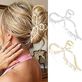 CAKURE Bow Claw Clips Gold Rhinestone Hair Clips Large Nonslip Hair Claws Sparkly Hair Accessories for Women (Pack of 2) (a-gold&silver)
