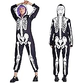 Halloween Skeleton Costume Women Adults Skeleton Onesie,Front and Back Bone Print with Zip Up Mask,Adult Pajamas Hoodie