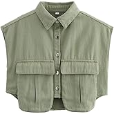 Gratoryna Womens Cropped Denim Button Down Shirt Collared Jean Top Blouse Sleeveless Y2k Summer Tops