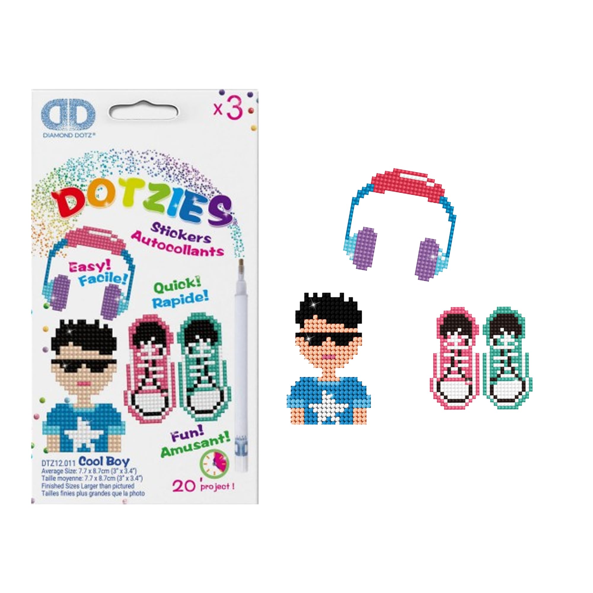 DIAMOND DOTZ ies Set Cool Boy, 3 Glittering Stickers to Design and Decorate, Ideal for Children and Beginners, Vinyl, Multicoloured