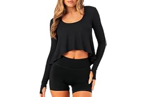 TZLDN Women Long Sleeve Crop Tops Scoop Neck Workout Yoga Top Flowy Loose Fit Pilates Athletic Gym Shirts Going Out