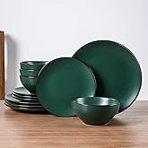 Famiware Venus Plates and Bowls Sets, 12 Pieces Stoneware Speckled Dinnerware Sets, Dishes Set for 4, Microwave and Dishwasher Safe, Matte Dark Green