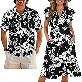 Gekhuqory His and Hers Matching Hawaiian Outfits Mens Button Down Shirt Flowy Tiered Midi Dress