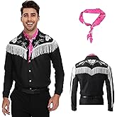 KDFJIEelf Costume for Men,80s 90s Cowboy Costume, Western Long Sleeve Fringe Shirt with Scarf, for Halloween Cosplay