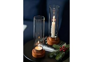NUPTIO Dripless Taper Candle Holders with Wax Catchers: Set of 2 Hurricane Glass Candlestick Holders with Metal Bobeches for Easier Reuse - Brown Wood Modern Table Centerpiece for Outdoor Dinner