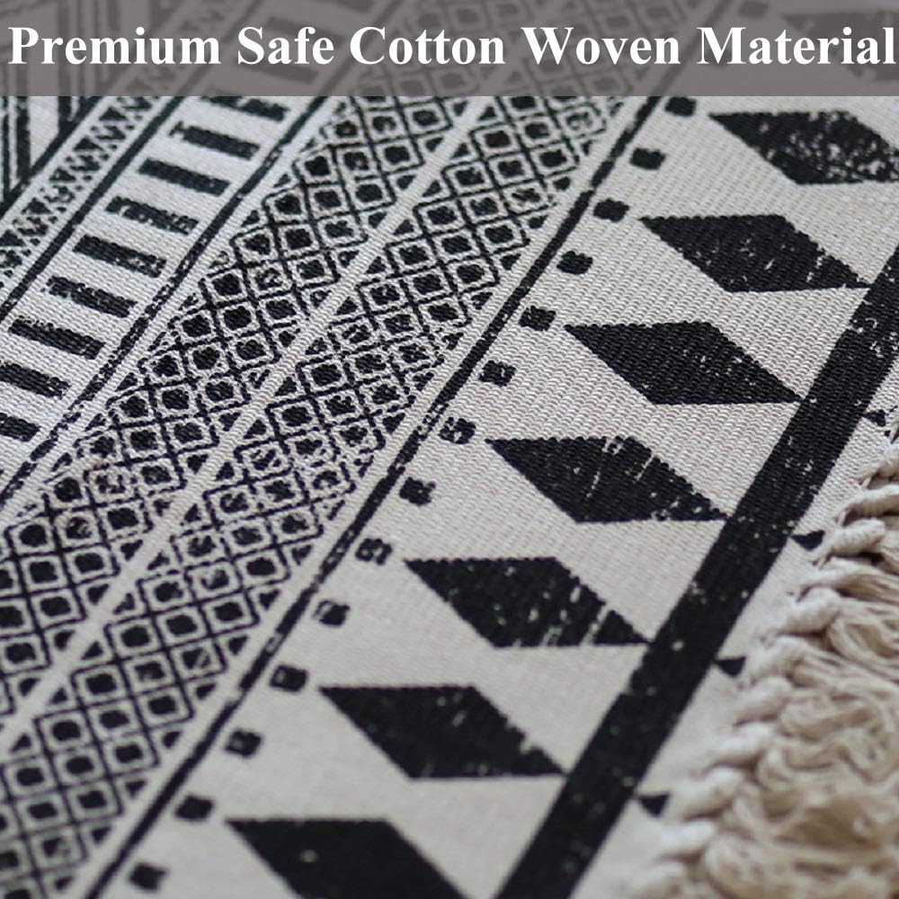 HEBE Cotton Area Rug Set 2 Piece 2'x3'+2'x4.2' Machine Washable Black and Cream White Hand Woven Cotton Rug with Tassels Cotton Area Rug Runner for Living Room, Kitchen Floor, Laundry Room: Kitchen & Dining