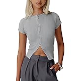Skoinvb Womens Short Sleeve Sweater Tops Crew Neck Button Casual Summer Sweaters Ribbed Knit Cropped Cardigans
