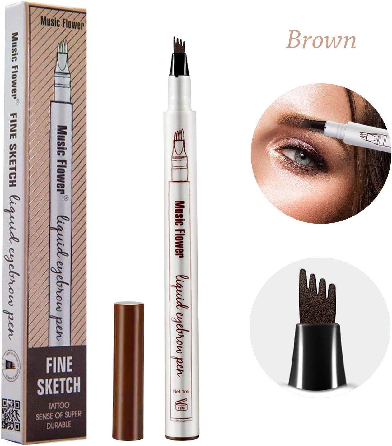 Tattoo Eyebrow Pen, Waterproof Tint with Four Tips, Long Lasting Smudge-Proof Natural Hair-Like All Day (Brown)