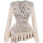 Milumia Women's Lace Ruffle Layer Sheer Mini Dress Deep V Neck Long Sleeve Short Dresses