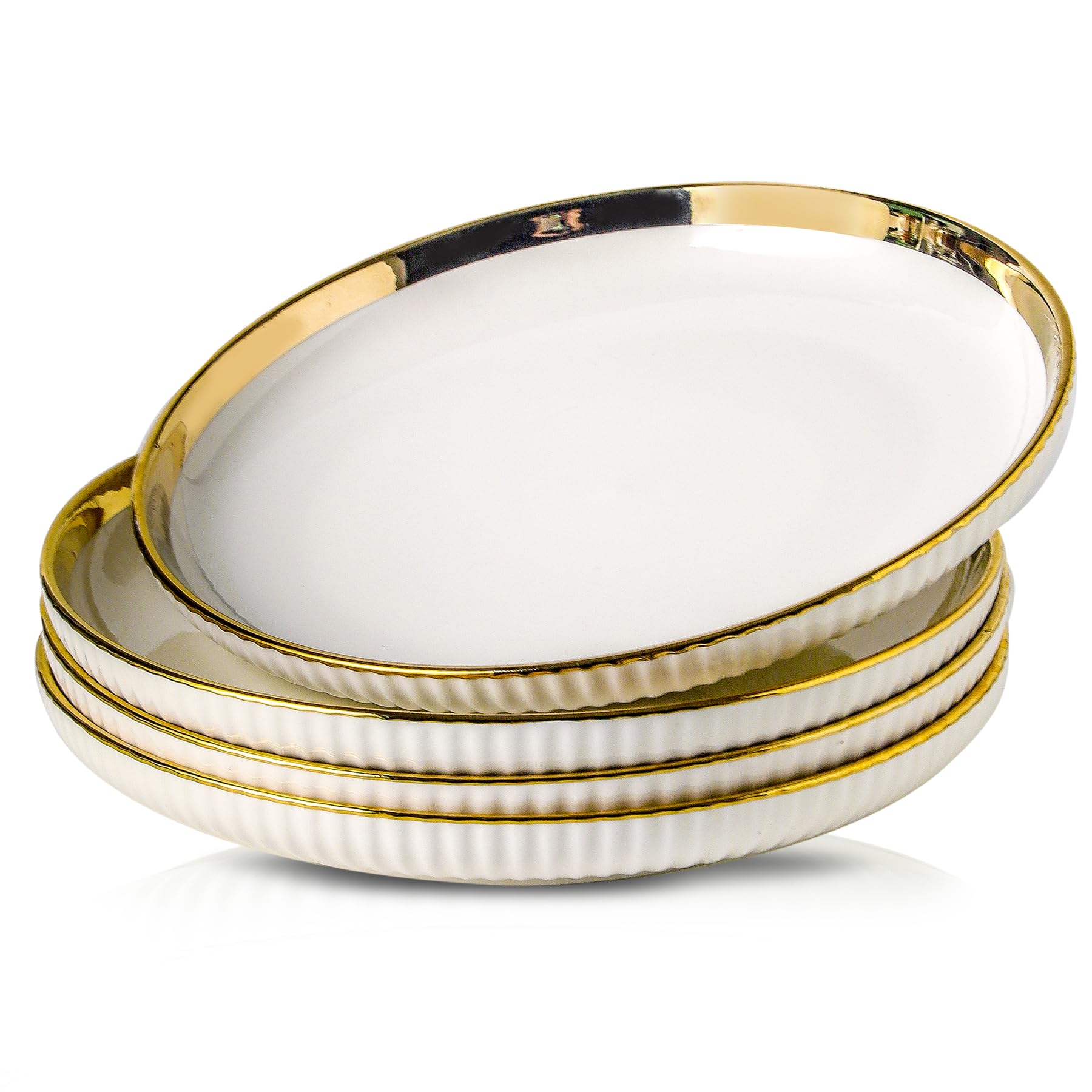 Photo 1 of LETAOTAO Dinner Plates, Ceramic dinner Plate Set of 4, 10 inch White Serving Plates with gold trim, Stripe Texture Back, Large Pasta and Salad Plates, Dishes Set with Lipped Edges for Kitchen